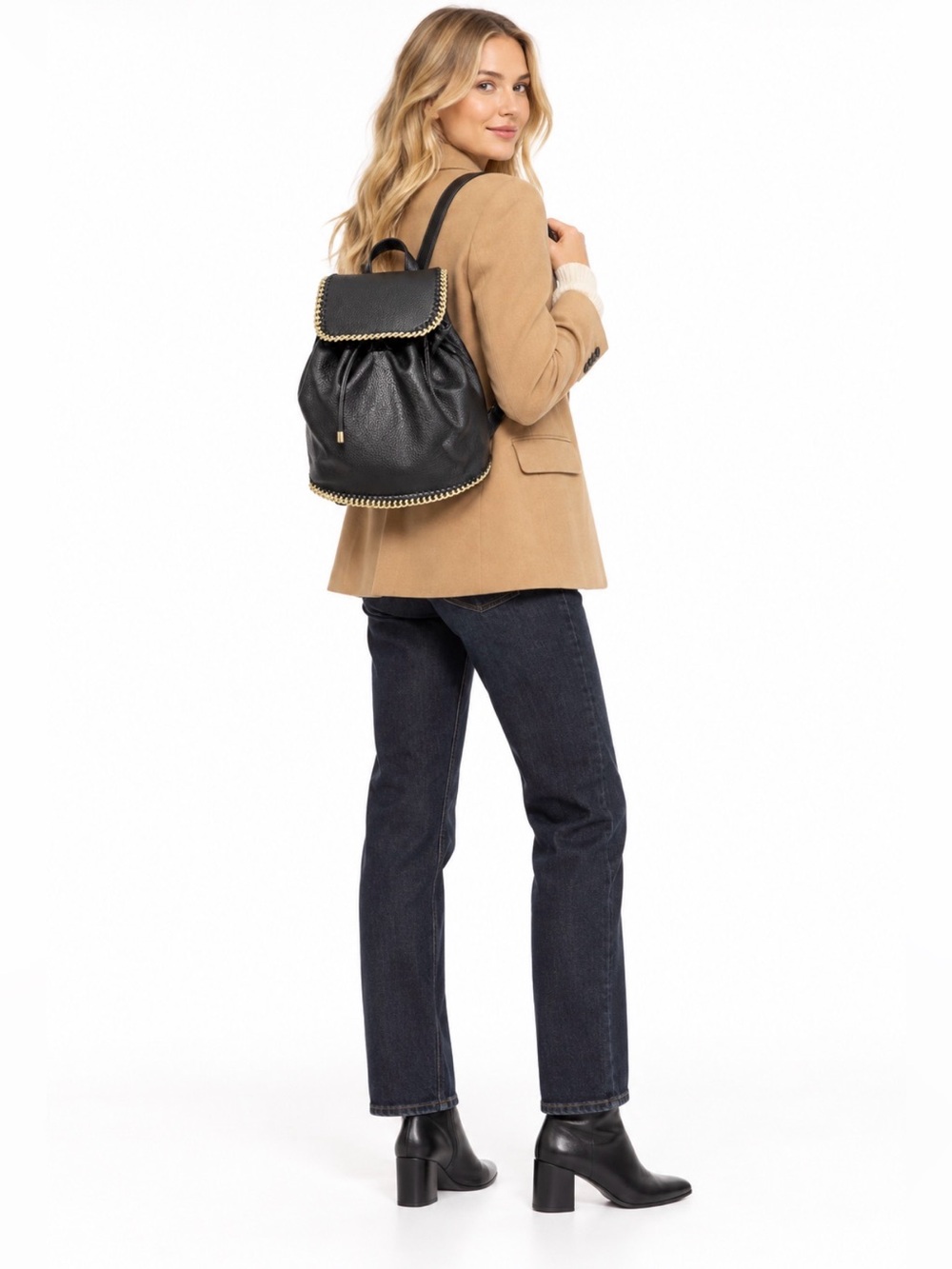 Expressions NYC, Chic Black Faux Leather Backpack with Gold Chain Trim